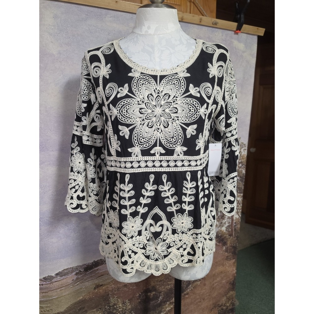 Ana & Rose Embroidered Peasant Top Women LG Black Ivory Boho Cottage Festival